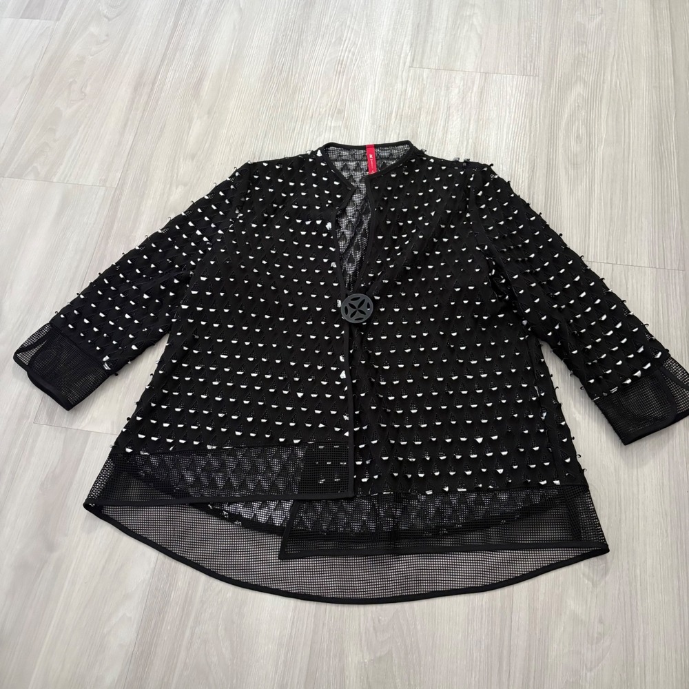 IC by Connie K Women Jacket Black Mesh Laser Cut Triangle Cardigan Jacket USA S